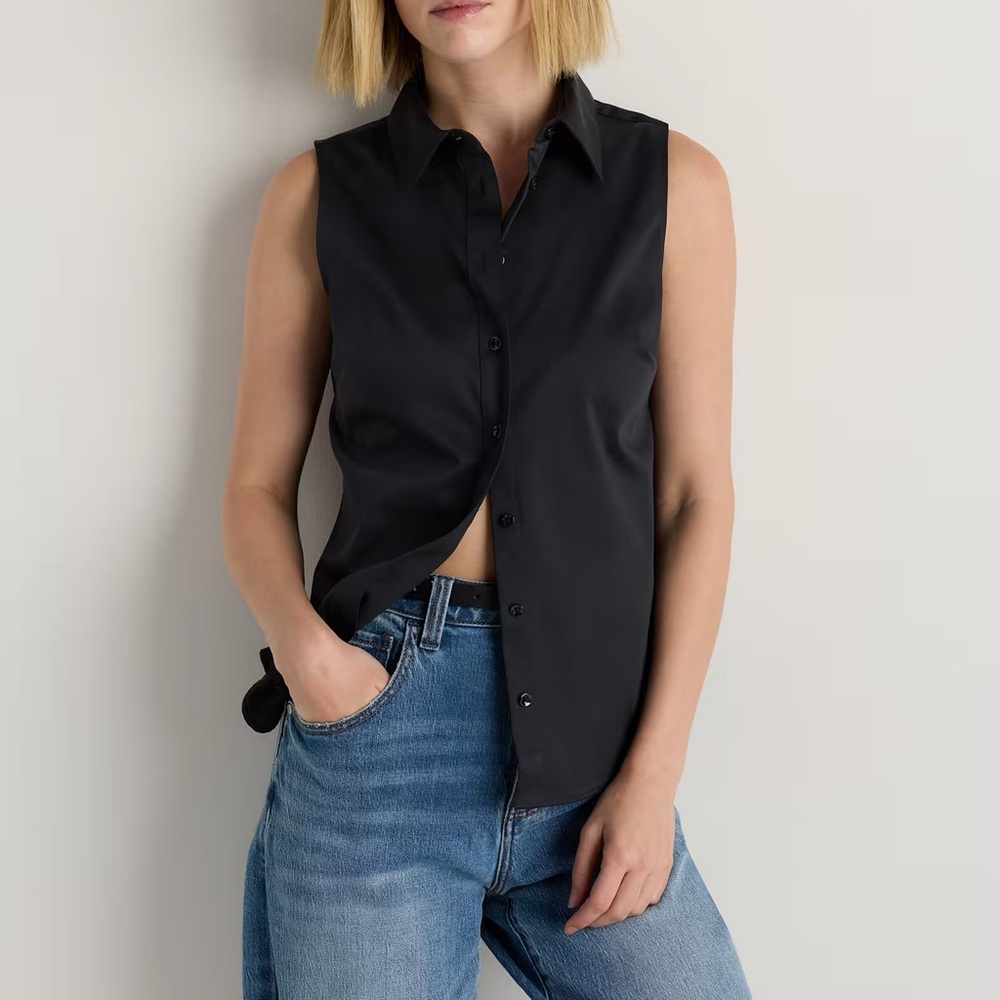 Quince Organic Cotton Tailored Black Sleeveless Button Front Tank Blouse, Sz L